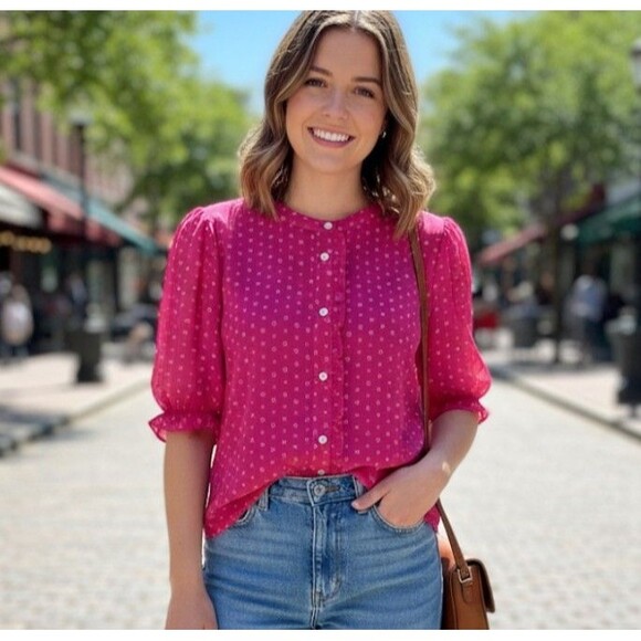J Crew Size L Blouse Hot Pink  Romantic Buttons Puff Sleeve Casual Coquette - Picture 1 of 10